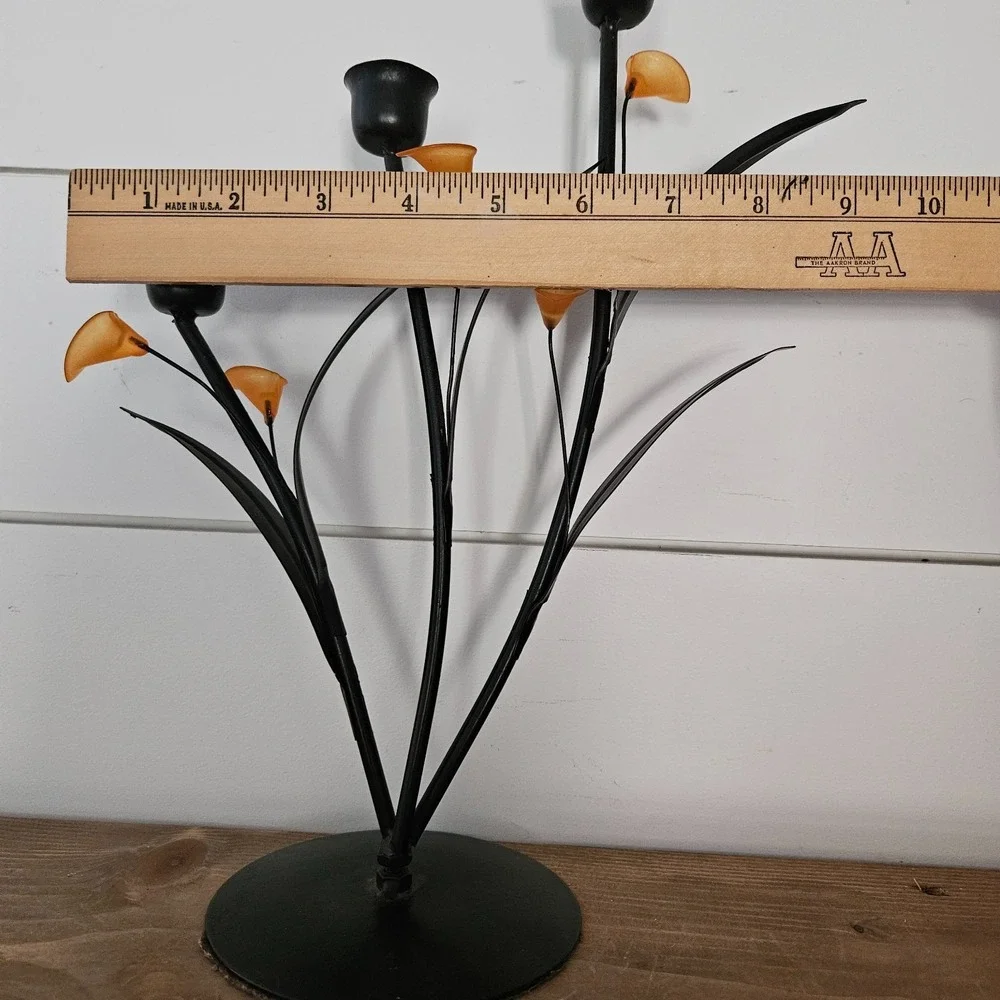 Mid Century Modern Metal Candle Holder Black Orange Floral Atomic Style 12